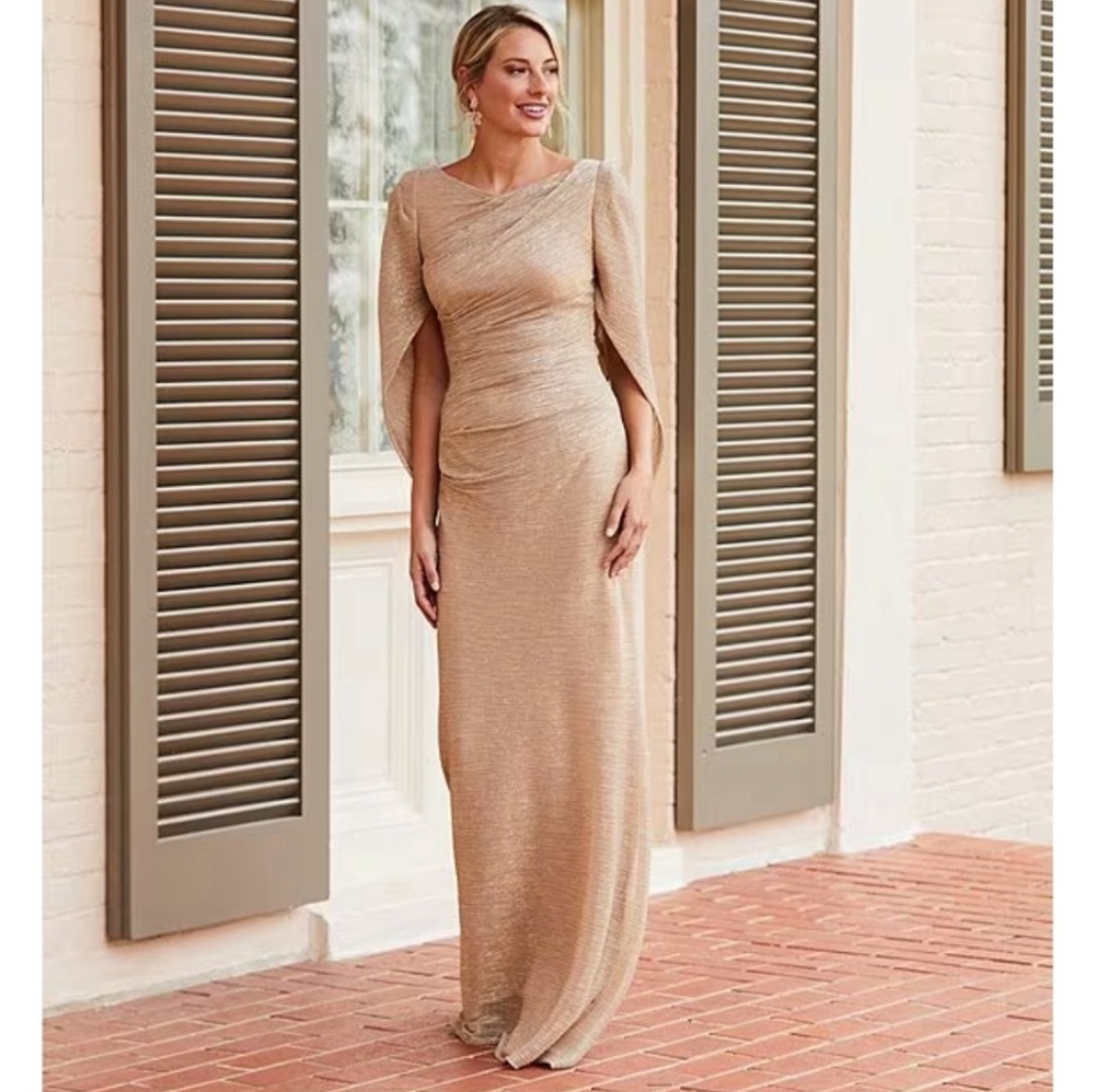 Betsy & Adam Metallic Gold Cape Sleeve Evening Gown